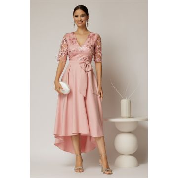 Rochie DY Fashion asimetrica roz cu dantela cu paiete la bust si funda ampla