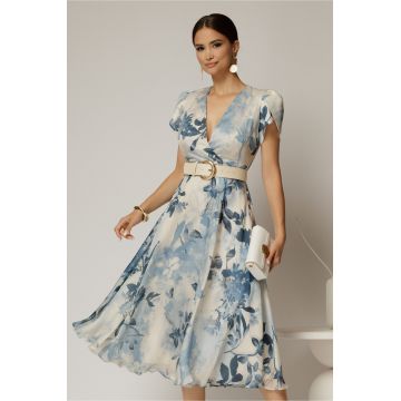 Rochie DY Fashion eleganta din voal satinat cu imprimeuri albastre