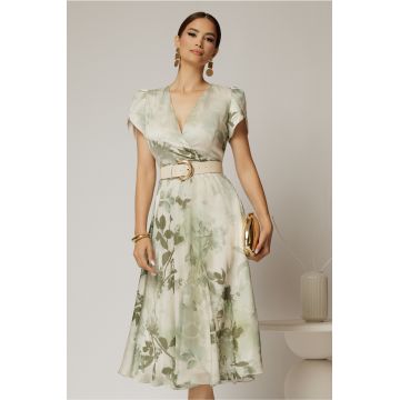 Rochie DY Fashion eleganta din voal satinat cu imprimeuri kaki