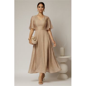Rochie DY Fashion midi bej din tencel cu insertii sidefate