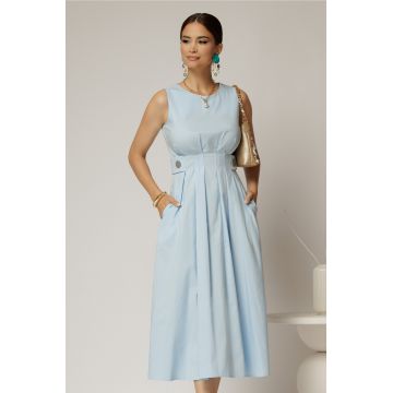 Rochie DY Fashion midi bleu din bumbac cu nasturi si cusaturi pe talie