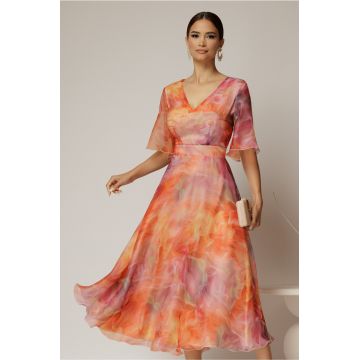 Rochie DY Fashion midi din organza cu imprimeuri corai si oranj