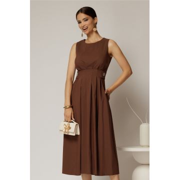 Rochie DY Fashion midi maro din bumbac cu nasturi si cusaturi pe talie