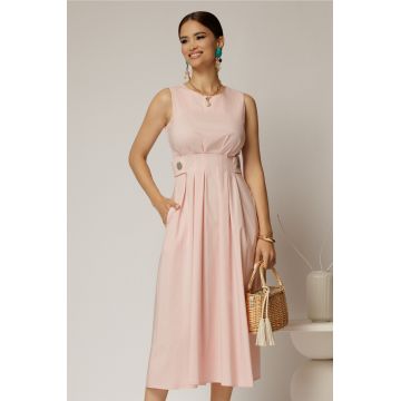 Rochie DY Fashion midi roz din bumbac cu nasturi si cusaturi pe talie