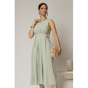 Rochie DY Fashion midi verde fistic din bumbac cu nasturi si cusaturi pe talie