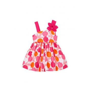 Rochie eleganta fete -  roz - bumbac - fara maneci - cu floare decorativa -