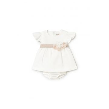 Rochie eleganta fetita -  alb - bumbac si poliester - maneci scurte - detaliu floral