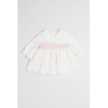 Rochie evazata cu detaliu contrastant in talie - Alb/Roz pastel