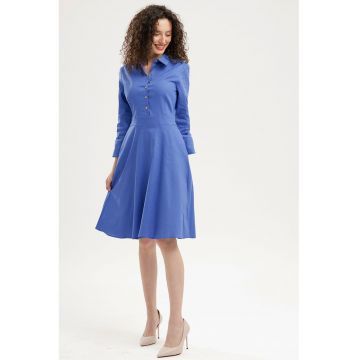 Rochie evazata cu fenta cu nasturi - Albastru safir