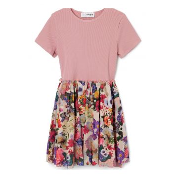 Rochie evazata cu imprimeu floral - Roz prafuit