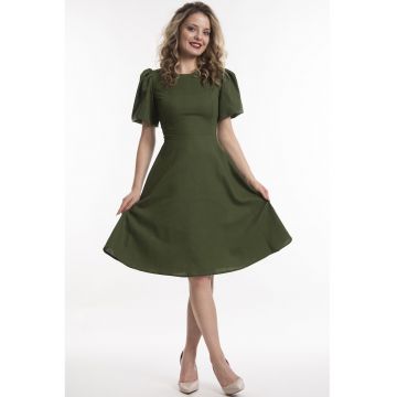 Rochie evazata de in cu maneci scurte - Verde masliniu inchis