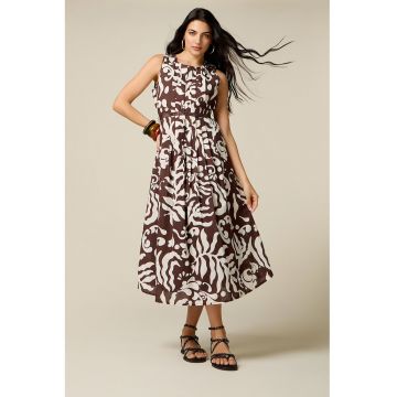 Rochie evazata din bumbac - Alb/Maro inchis