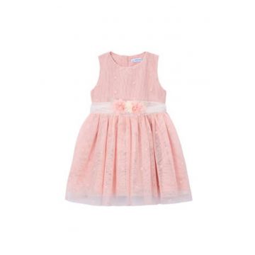 Rochie fete -  roz - finisaj din tul - set cu curea decorativa - poliester -