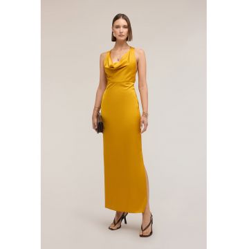 Rochie halter din satin cu decupaj lateral - Galben miere