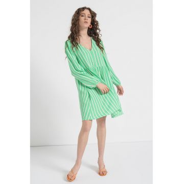 Rochie in dungi cu decolteu in V - Alb/Verde