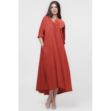 Rochie lunga A-line oversize, din in, caramizie