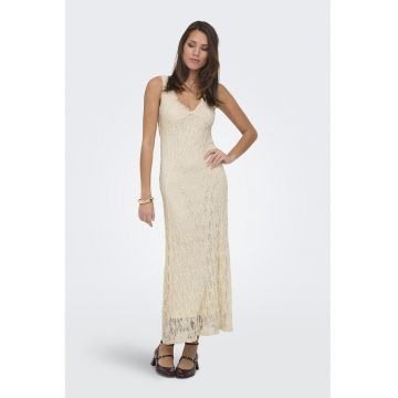 Rochie lunga cu croiala cambrata si broderie - Alb murdar