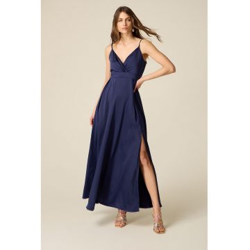 Rochie lunga cu decolteu in V si slit lateral - Bleumarin