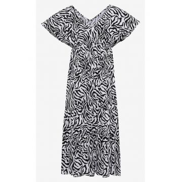 Rochie lunga cu maneci scurte si model bicolor