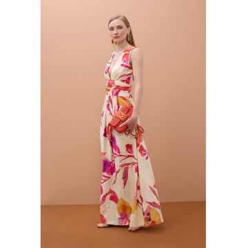 Rochie lunga cu model floral - Galben/Roz/Crem