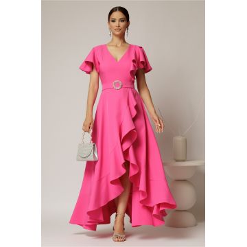 Rochie lunga de ocazie din stofa fucsia cu volane si cordon in talie
