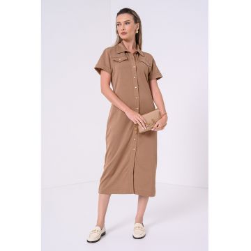 Rochie lunga dreapta cu nasturi - Maro deschis
