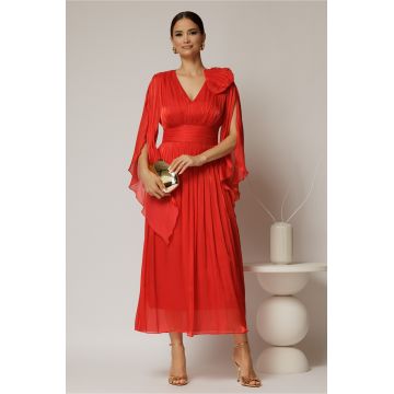 Rochie lunga rosie de seara din voal peliculizat
