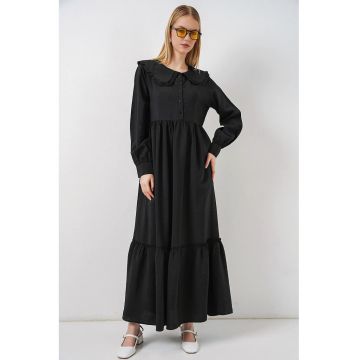 Rochie Maxi  casual - neagra - cu guler tip bebelus - maneca lunga - 84% viscoza - 16% nailon