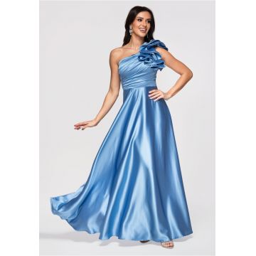Rochie maxi cu decolteu asimetric si material satinat - Albastru