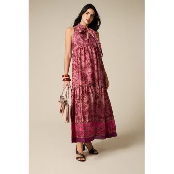 Rochie maxi cu decolteu funda si model floral - Rosu/Roz inchis