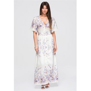 Rochie maxi cu decolteu in V - maneci scurte si imprimeu floral LA-OM-DLR380 - Alb