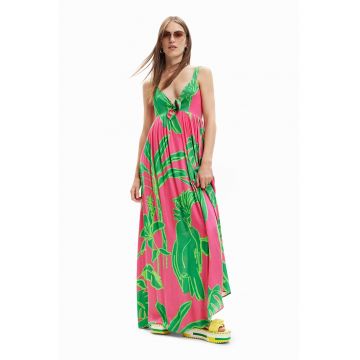 Rochie maxi cu decolteu in V si imprimeu - Verde/Roz