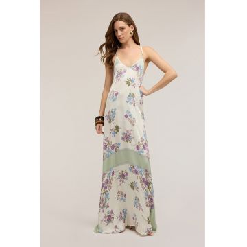 Rochie maxi cu model floral - Lila/Alb murdar/Verde fistic