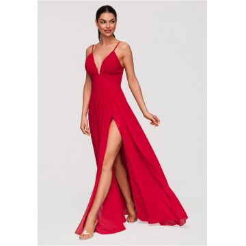 Rochie Maxi de Seara Eleganta cu Decolteu Adanc si Bretele Subtiri Ajustabile - Rosu