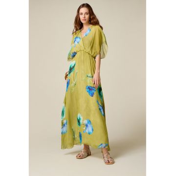 Rochie maxi din amestec de matase - Masliniu deschis/Albastru