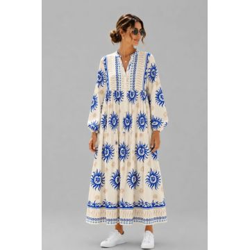 Rochie maxi din vascoza cu imprimeu solar si inspiratie boho, alb-albastru