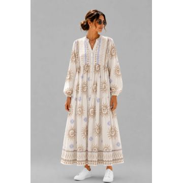 Rochie maxi din vascoza cu imprimeu solar si inspiratie boho, alb-bej