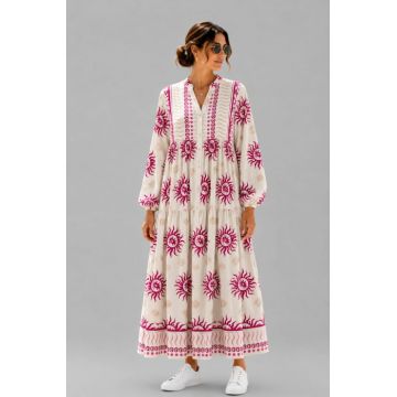 Rochie maxi din vascoza cu imprimeu solar si inspiratie boho, alb-fucsia
