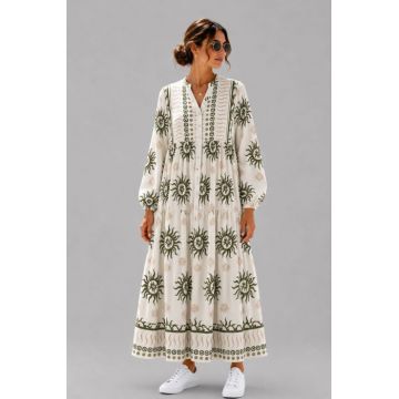 Rochie maxi din vascoza cu imprimeu solar si inspiratie boho, alb-kaki