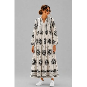 Rochie maxi din vascoza cu imprimeu solar si inspiratie boho, alb-negru