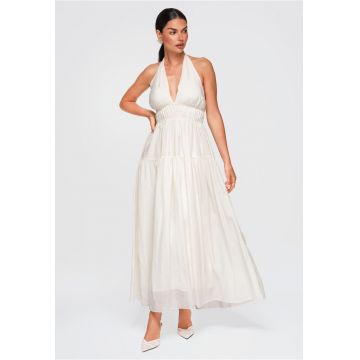 Rochie maxi eleganta cu decolteu in V si spate descoperit OW-DLR-E0001 - Ecru