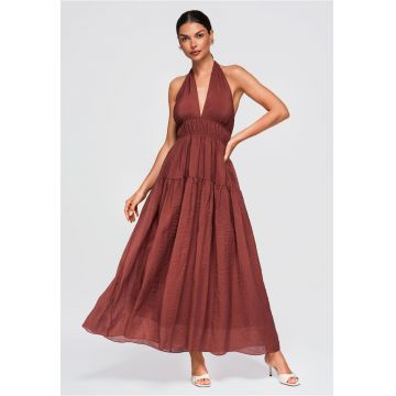 Rochie maxi eleganta cu decolteu in V si spate descoperit OW-DLR-E0001 - Maro