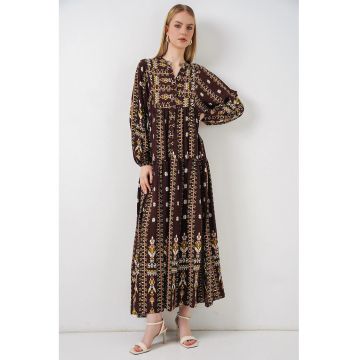 Rochie Maxi -  Etnic - Maro Castaniu - Viscoza - Maneci Lungi