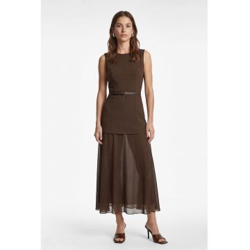 Rochie maxi fara maneci cu segment semitransparent - Maro inchis