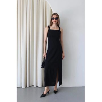 Rochie Maxi  guler patrat - detaliu cu snur - neagra