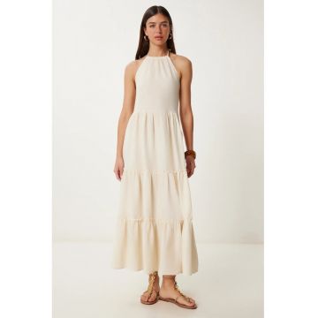 Rochie Maxi - Happiness Istanbul - cu volane - guler halter - crem - poliester-bumbac
