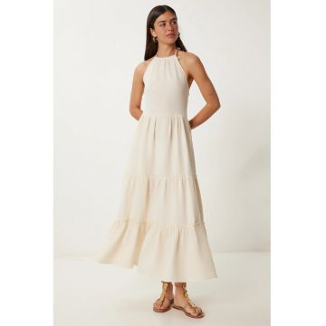Rochie Maxi - Happiness Istanbul - cu volane - guler halter - crem - poliester-bumbac