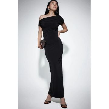 Rochie Maxi -  Slim Fit - Guler Asimetric - Negru - Poliester-Elastan