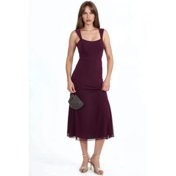 Rochie Midi A-line  guler inima - rosu burgundy - elegant - poliester