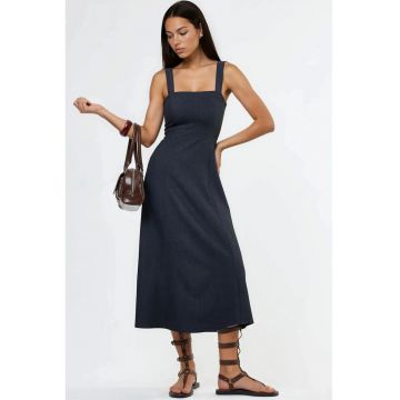 Rochie Midi  A-Line - guler patrat - bumbac/poliester/lycra - bleumarin